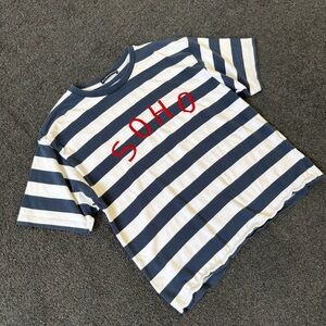 Brandy Melville Navy and White Striped Tee with Red 'SOHO' One Size